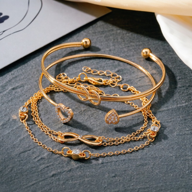4pcs Heart Lucky 8-Letter Bracelet Open Bangle Set, Gift